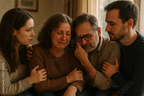 Family members comforting each other, sharing sadness and showing empathy during an emotional moment