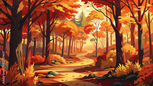 Very beautiful autumn forest scene featuring a dense New England woodland with vibrant fall foliage in shades of red, orange, and yellow, sunlight filtering through the trees, and a serene seasonal at