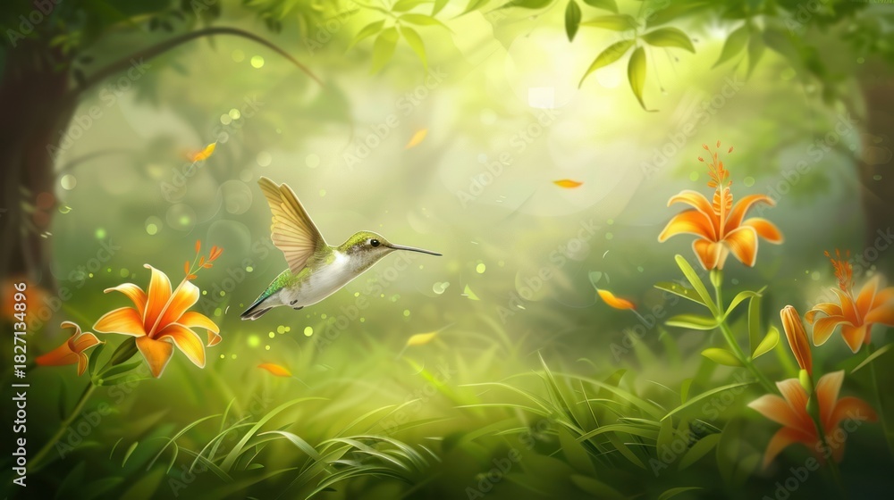 Fototapeta premium Hummingbird Flying Near Orange Lilies in Bright Green Forest Scene