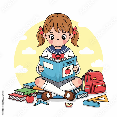 Adorable schoolgirl immersed in her studies, surrounded by a mountain of books, embodying the joy of learning and academic pursuit with enthusiasm
