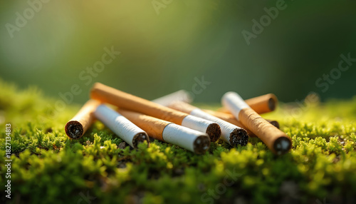 Discarded cigarette butts lay on a bed of green moss in sunlight. The hazardous waste pollutes nature, representing environmental damage and smoking unhealthy impact.