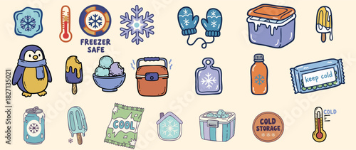 Playful doodle freezer icons with penguin mascot, mittens, ice cream treats, containers, thermometers, and freezer safe labels on pastel beige background in hand drawn vector style