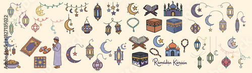 Pastel hand drawn ramadan kareem doodle vector set with lanterns, crescent moons, mosques, kaaba cubes, prayer rugs, man praying, arranged in horizontal landscape decorative banner layout
