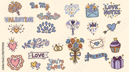 Whimsical doodle flat sticker sheet showing hand drawn hearts envelopes bouquet cupcake rings ribbon banner playful scattered in pastel lavender peach mustard with soft warm lighting