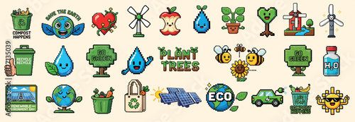 Pixel art close-up banner of smiling earth recycling bin solar panels wind turbine and bees with plant sapling apple core green palette beige background centered icons