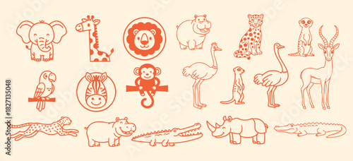 Flat line art collection of orange safari animals and birds, including elephant, giraffe, lion head, ostrich, and crocodile, arranged in playful horizontal banner layout for children