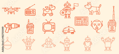 Hand drawn line icon sheet close up of orange robots and vintage gadgets arranged in grid with beige background drone raygun television radio dog heart flag