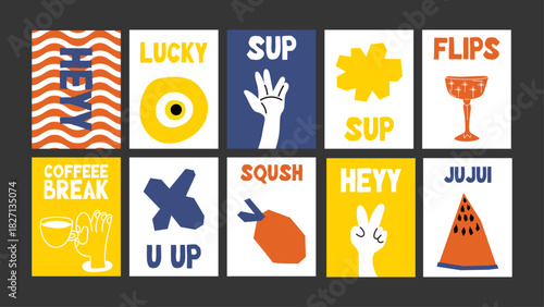 Colorful retro-groovy posters with expressive cartoon hands and soft geometric fruit accents. Great for aesthetic decor, sticker packs, and print products.