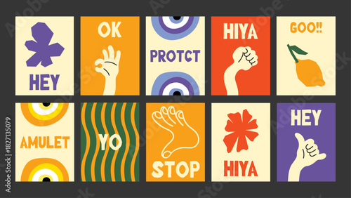 Bright minimalist poster set featuring cute gesture doodles and abstract fruity elements. Ideal for trendy wall art, social media, and creative layouts.