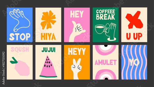 Fun aesthetic collection mixing hand gestures, fruity shapes, and bold typography. Perfect for playful interiors, digital assets, and creative projects.