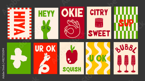 Vibrant vector posters with chunky doodles, friendly hand icons, and juicy abstract motifs. Designed for modern wall art, trendy merch, and printables.