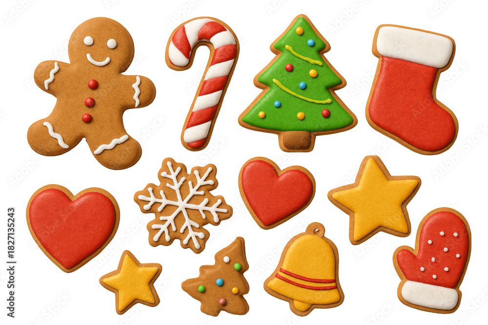 Naklejka premium Png set of christmas gingerbread cookies with festive shapes isolated on transparent background. concept of holiday decor, seasonal treats, festive baking elements.
