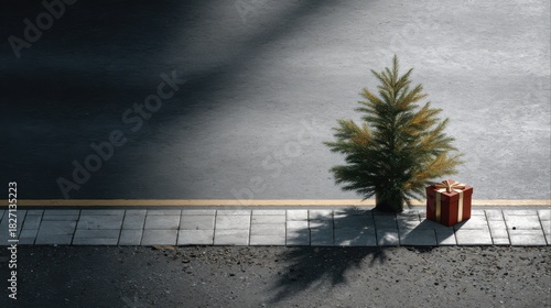 A minimalistic, photorealistic image of a dark grey concrete floor with a red gift box and a Christmas tree shadow on the ground.
