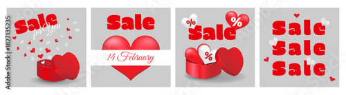 Set of Valentine sale banners with hearts, bold discount text and festive layout. Suitable for e-commerce, seasonal ads and holiday marketing.