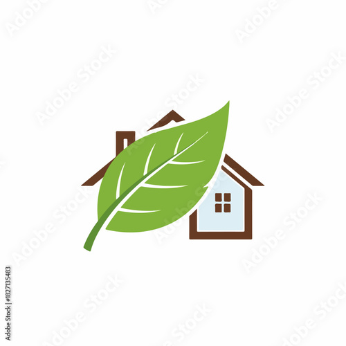 Abstract vector illustration of a house embraced by a vibrant green leaf, symbolizing sustainable living, eco-friendly homes, natural environment integration, and renewable energy concepts