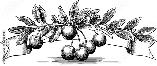 Vintage engraved berry banner design for decorative crafts and labels