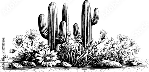 Engraved cactus border with floral elements for decorative design