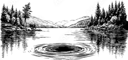 Tranquil lakeside landscape engraving with serene forest and mountains