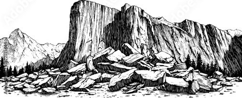 Cliffside landscape engraving with rocks and mountains - decorative hand drawn design for art prints