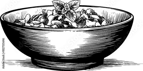 Vintage engraved illustration of a decorative ceramic bowl filled with herbs