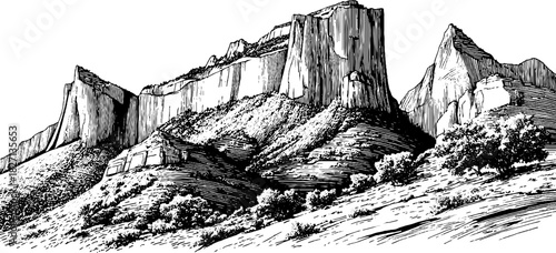 Engraved decorative cliffside landscape illustration for vintage design