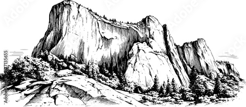 Engraved decorative illustration of cliffside landscape for art and design