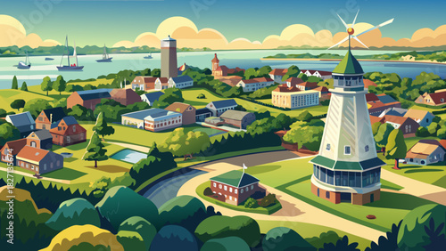 Very beautiful aerial panorama featuring Touro Park with its historic Windmill Tower, overlooking lush greenery and Newport Harbor in the background, capturing the charming city center of Newport, Rho