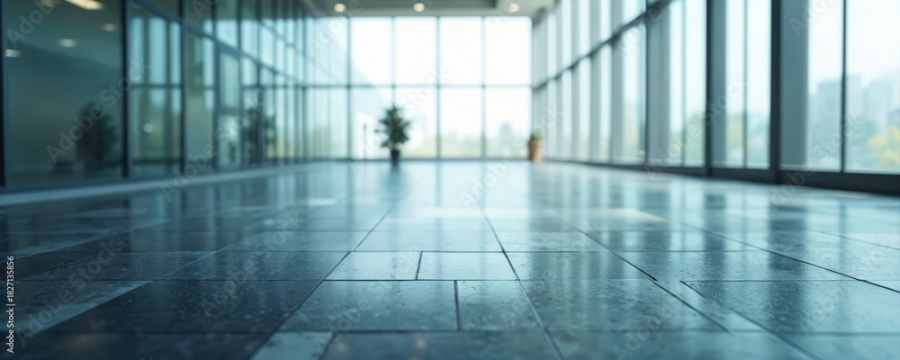 custom made wallpaper toronto digitalModern office interior with large glass windows and tiled floor reflecting ambient light. Empty corridor with potted plants creates an atmosphere of advanced business space.