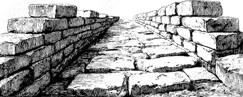 Vintage engraved illustration of ancient stone path between two walls