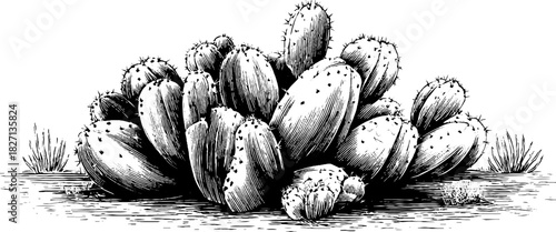 Decorative engraving of desert cactus with multiple arms - vintage botanical art for design
