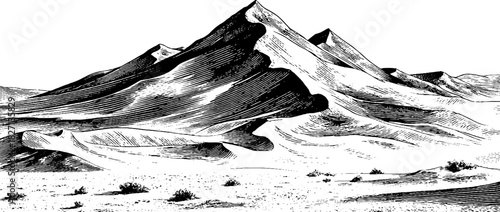 Vintage engraved desert landscape banner for retro design and decorative use