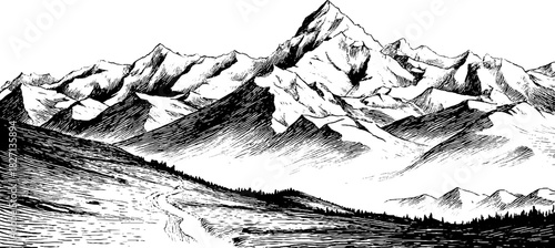 Engraved decorative illustration faceted landscape mountains art prints design projects.
