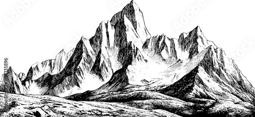 Vintage engraved illustration of faceted mountain landscape for retro design