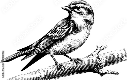 Vintage engraved illustration of a forest bird perched on a branch