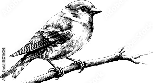 Engraved decorative forest bird illustration vintage sketch hand drawn perch.
