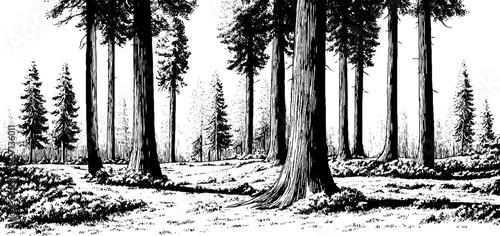 Vintage hand drawn engraving of forest clearing scene for nature design