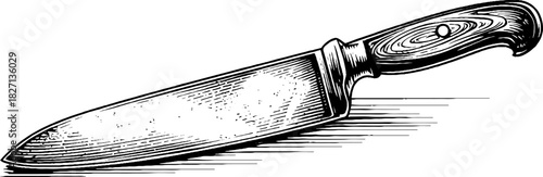 Engraved decorative illustration of a forged kitchen knife for retro culinary design