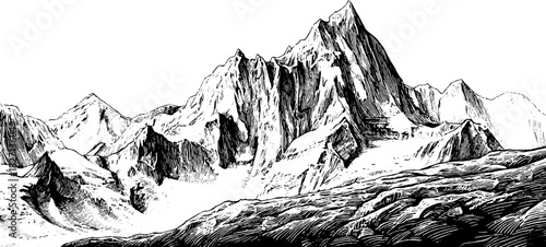 Engraved decorative illustration frost pattern banner winter design mountain landscape.
