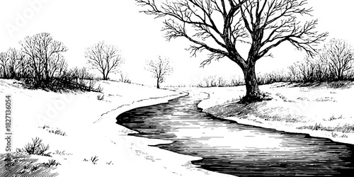 Engraved illustration of a frozen river bend in winter landscape