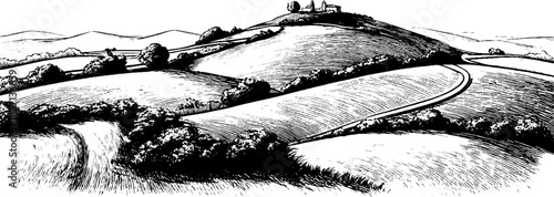 Engraved decorative illustration of gentle hill landscape for retro design