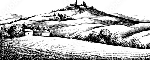 Vintage engraved illustration of a serene hilltop landscape for design and decor