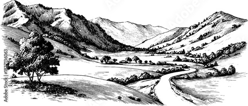 Vintage engraved landscape of gentle hills with winding road silhouette for decoration or print
