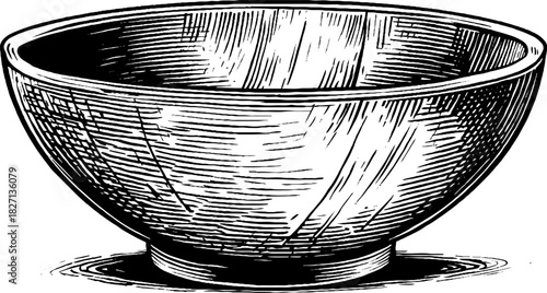 Engraved wooden bowl illustration hand carved decorative vintage sketch design.
