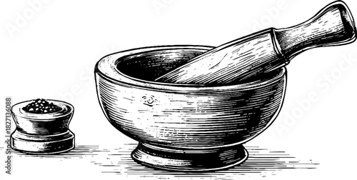 Engraved decorative illustration of a handmade wooden bowl and grinder for kitchen design