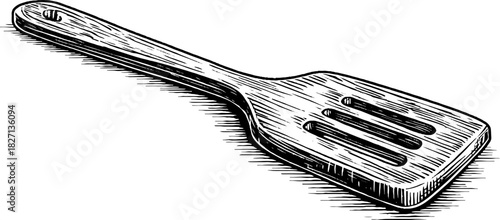 Engraved decorative illustration of handmade wooden butter turner for kitchen decor and design