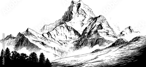 Engraved decorative highland ridge landscape for design and prints