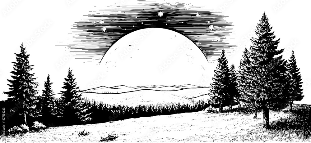 Obraz premium Engraved night landscape with starry sky and pine trees for decorative design