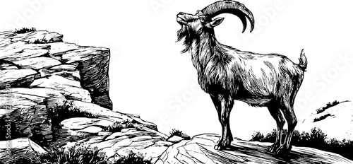 Hand drawn engraved illustration of a mountain goat on rocky cliffs for nature design