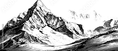 Decorative engraved mountain landscape illustration for design and decor