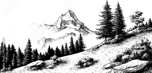 Engraved decorative illustration of mountain ridge in winter landscape for design or print